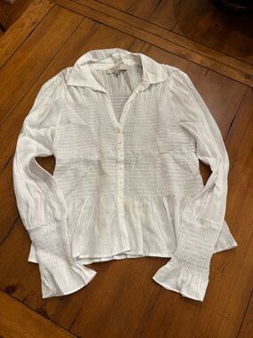 White Smocked Button-Front Women’s Top The Loft